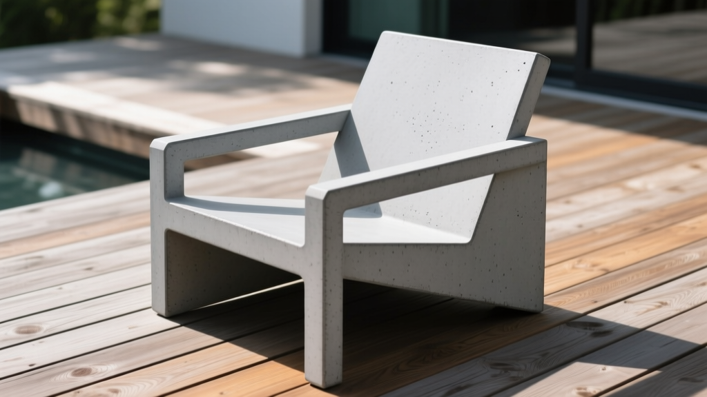 Close-up of a sleek modern Glass Fiber Reinforced Concrete deck chair with smooth matte gray finish resting on a wooden outdoor deck