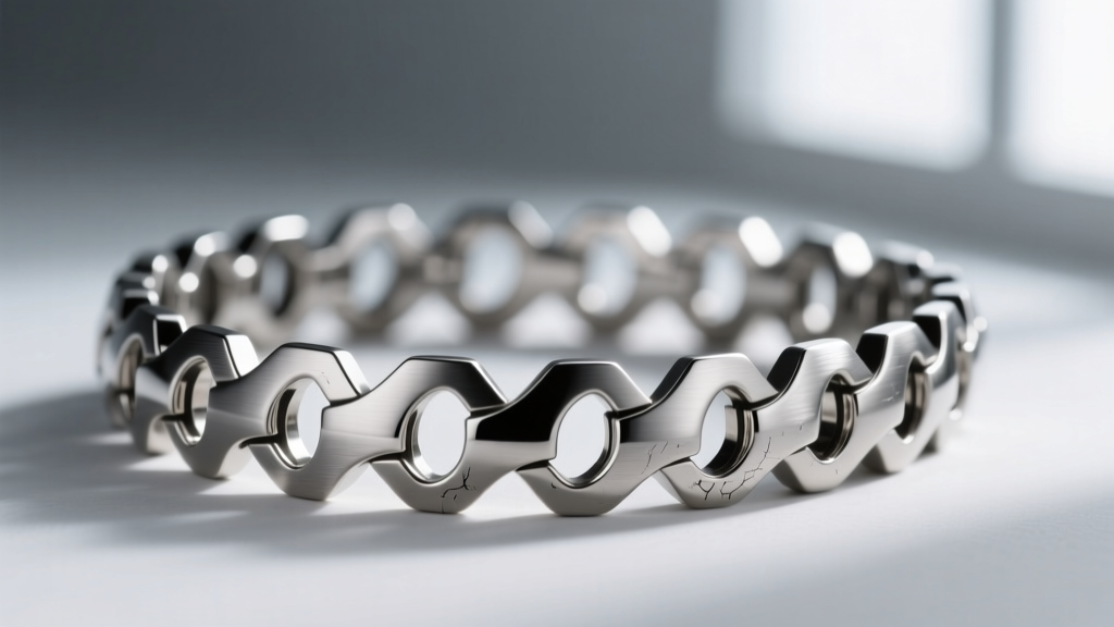 Macro shot of a titanium interlocking fang collar necklace with brushed matte finish, highlighting smooth hypoallergenic edges
