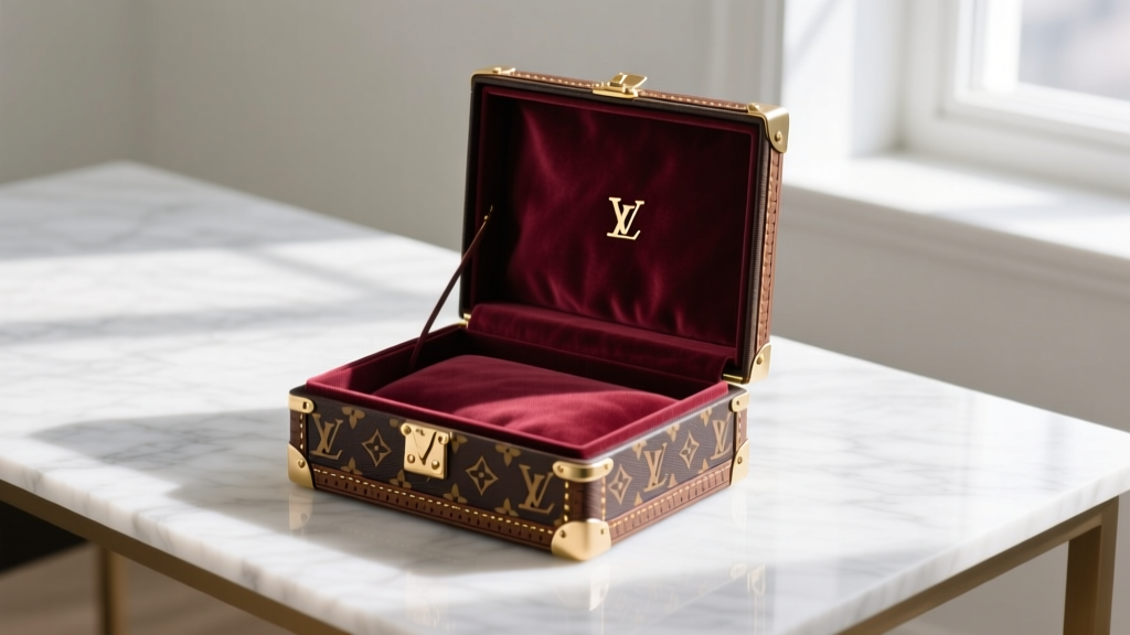 Open Louis Vuitton Monogram canvas jewelry box on a marble desk, showing a pristine burgundy microfiber interior.