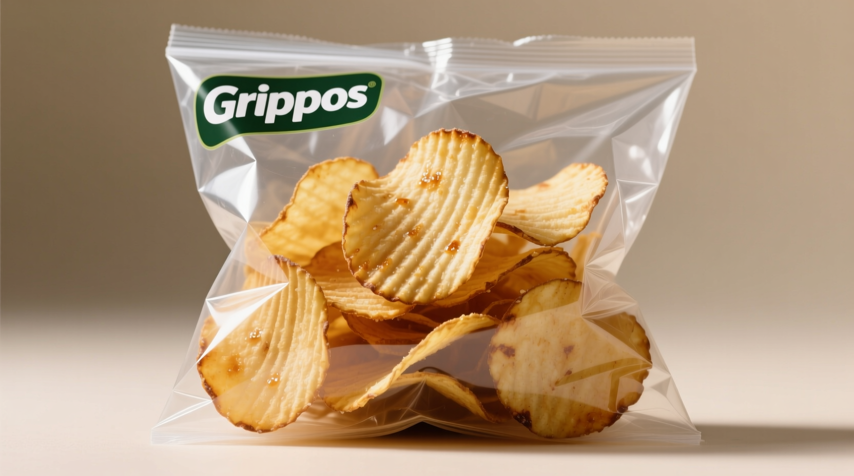 Grippos potato chips in clear bag showing thick-cut texture