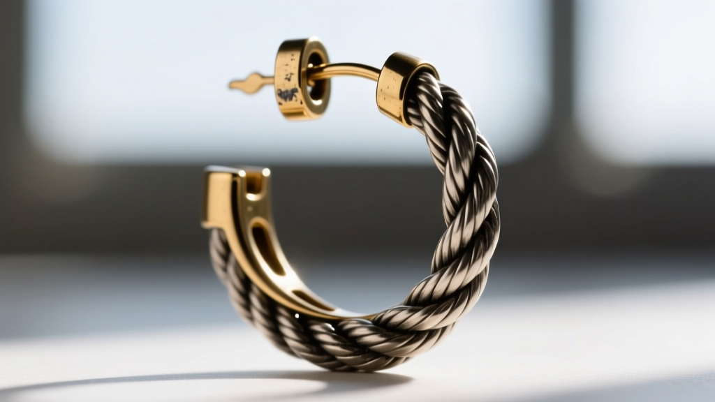 Macro view of 20-gauge Lucky Brand huggie hoop clasp showing textured rope-twist metal detailing and secure brass hinge mechanism