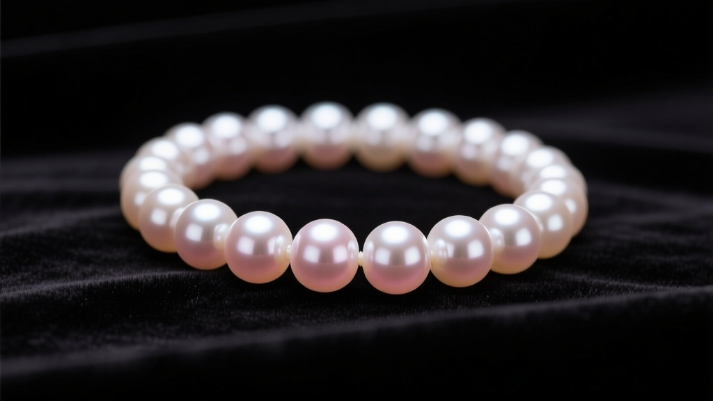 Akoya pearl strand on dark velvet showing sharp mirror-like luster and subtle rose overtones under soft directional studio light.