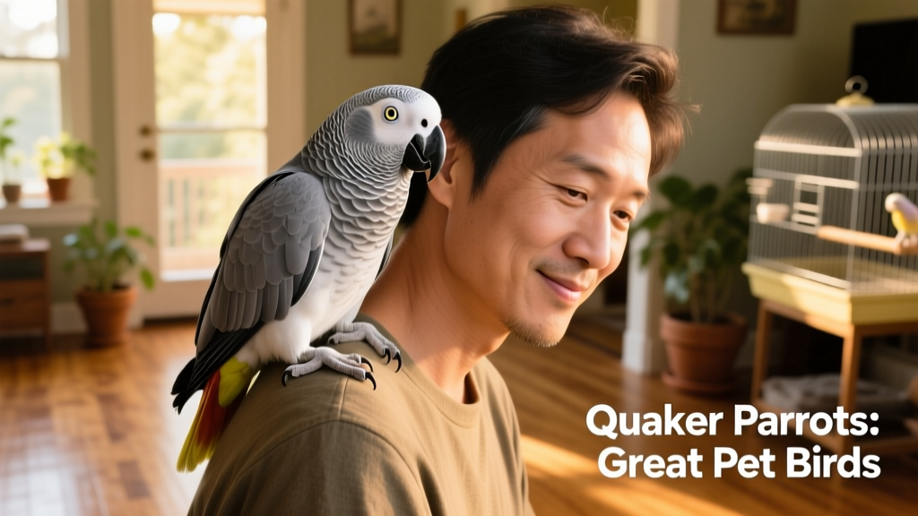 A hand-raised quaker parrot perched on its owner's shoulder, looking alert and engaged