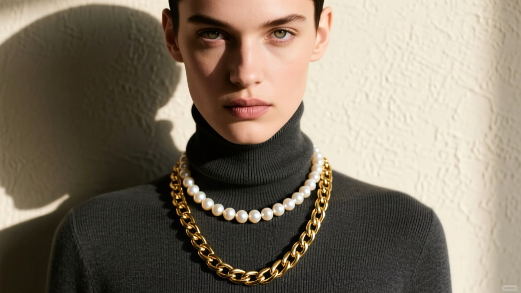 Androgynous model layering a 7mm freshwater pearl strand with a 14k gold Cuban link chain over a dark turtleneck sweater.