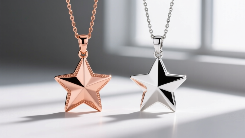 Side-by-side macro of a rose gold star pendant and a white gold star pendant, showing subtle copper and rhodium plating tones.