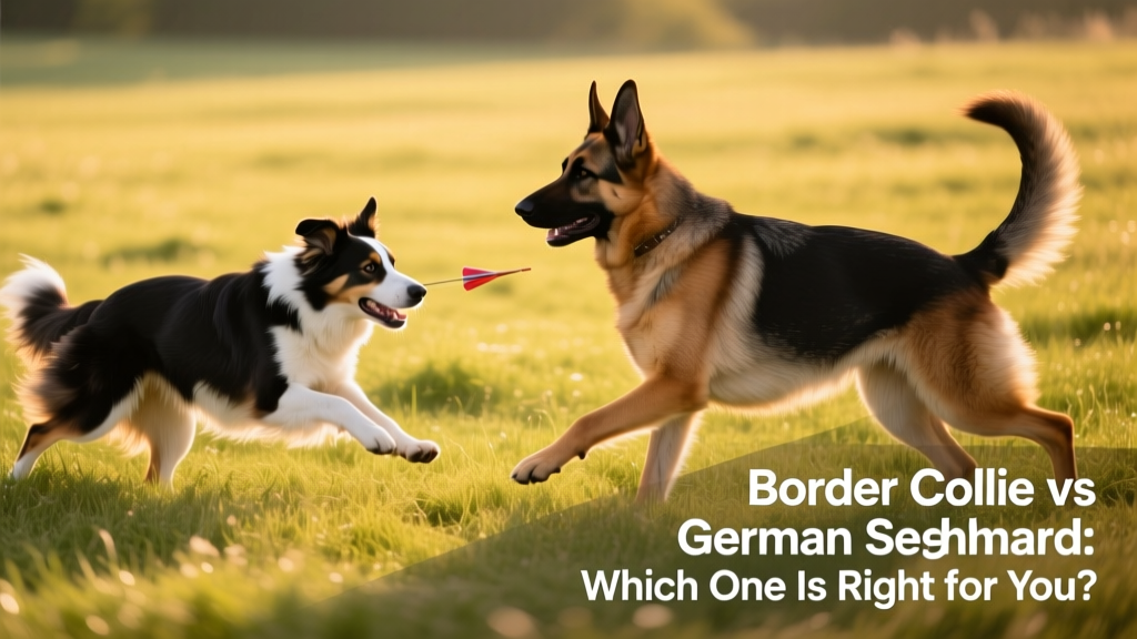 A focused Border Collie mid-herding exercise and a confident German Shepherd performing obedience commands in a grassy field