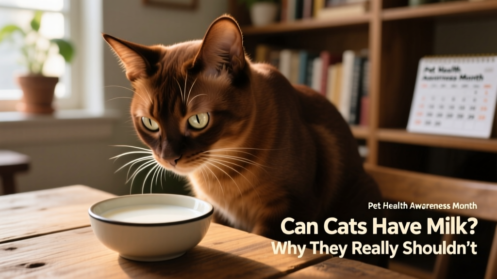 Brown cat looking down at bowl of milk, close-up
