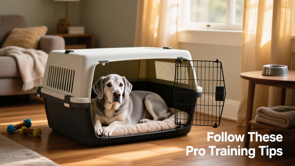 Senior dog calmly resting inside a spacious, well-padded crate in a quiet corner of a living room