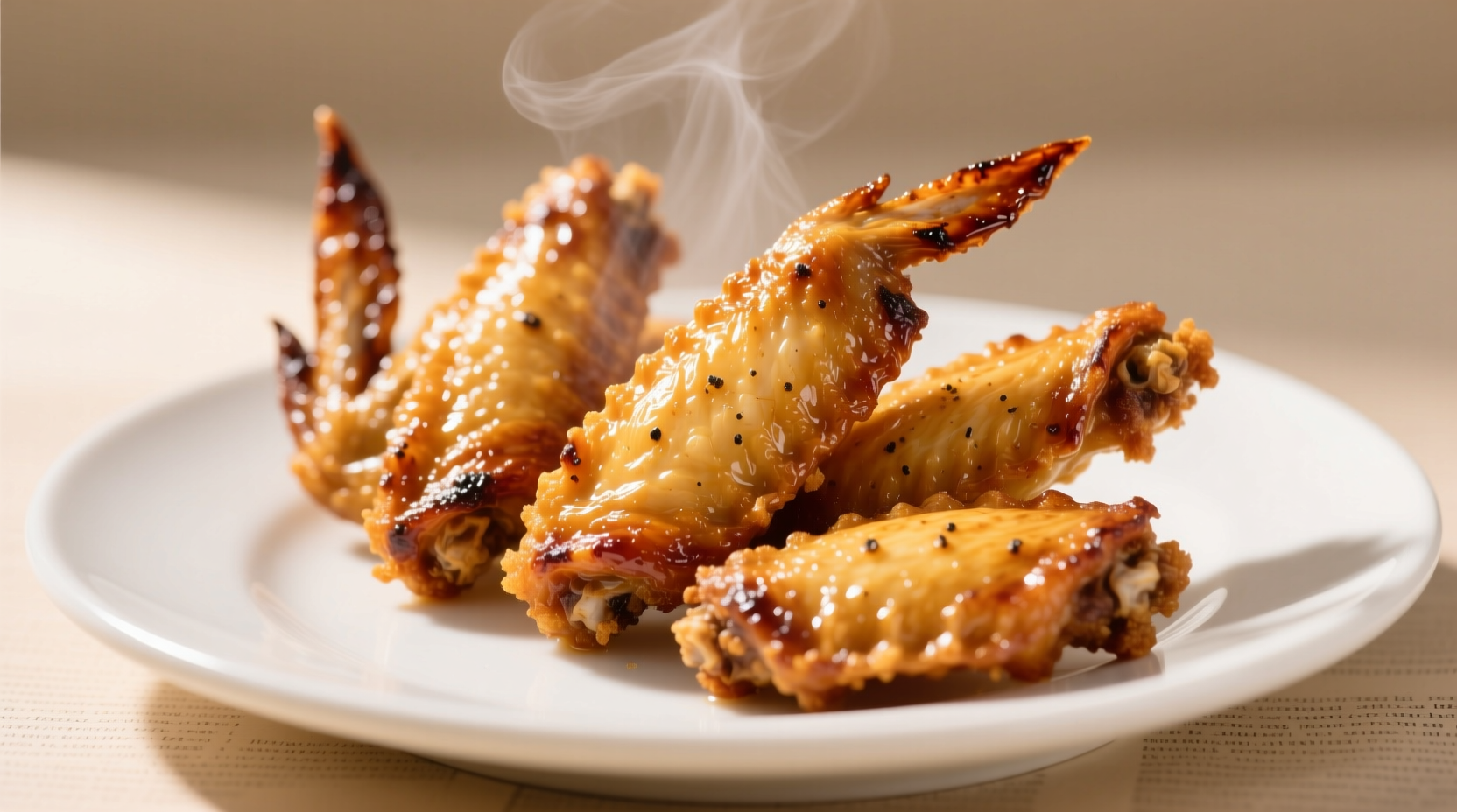 Crispy golden air fried chicken wings on white plate