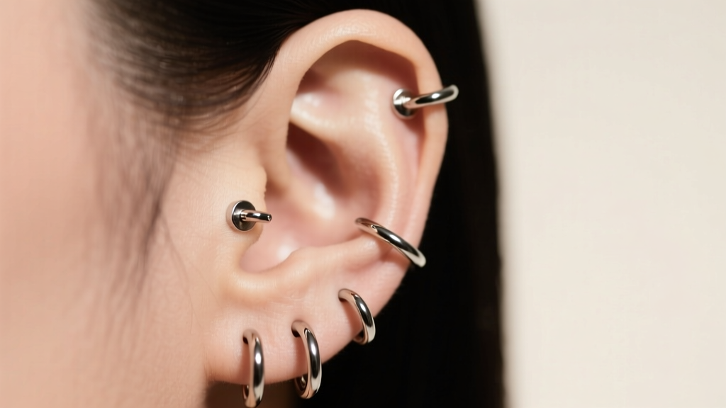 Close-up of a highly curated ear with multiple titanium cartilage hoops and lobe studs, shown against a soft studio background.