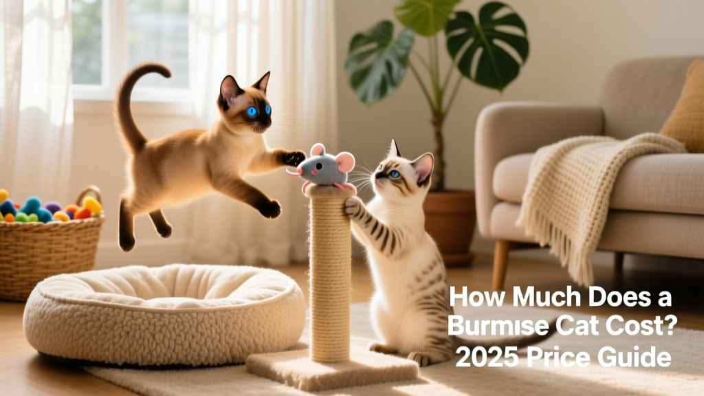 Two playful Burmese kittens interacting with a soft cat bed, toy mouse, and scratching post in a sunlit living room