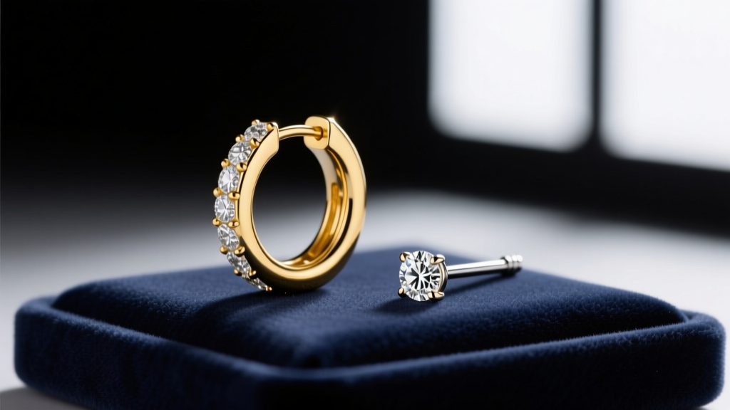 Macro jewelry shot of a 14k yellow gold diamond huggie earring and a solitaire threadless cartilage stud on a velvet display pad