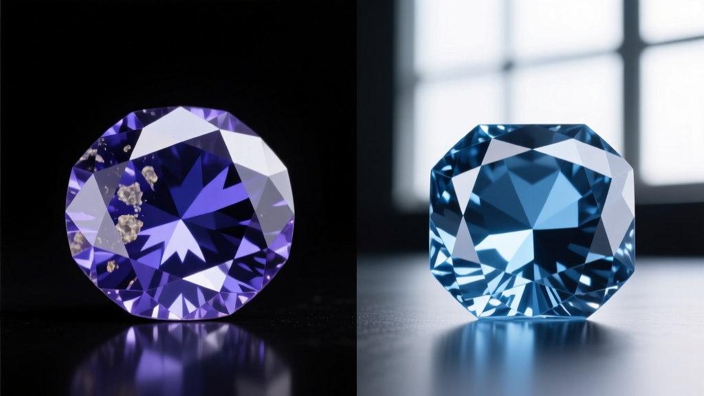 Side-by-side macro comparison showing the faceting differences between a natural tanzanite and a lab-grown blue sapphire.