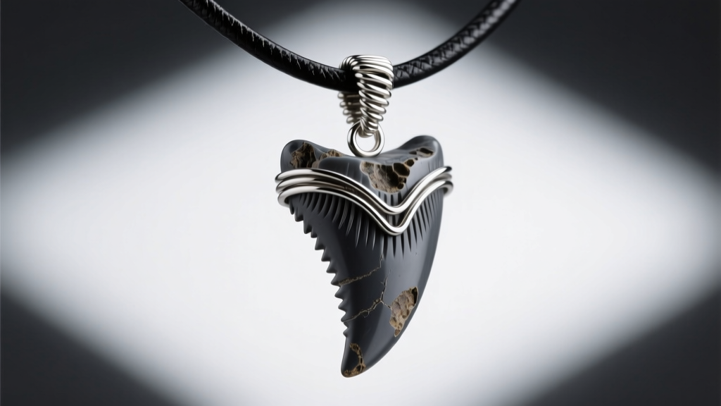 Dark grey fossilized Megalodon shark tooth pendant set in a 925 sterling silver wire-wrap bail on a black leather cord.