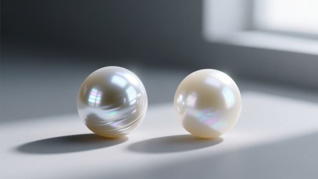 Macro shot comparing a 7mm Akoya pearl with sharp reflections next to a 7mm freshwater pearl with softer luster on a grey mat.
