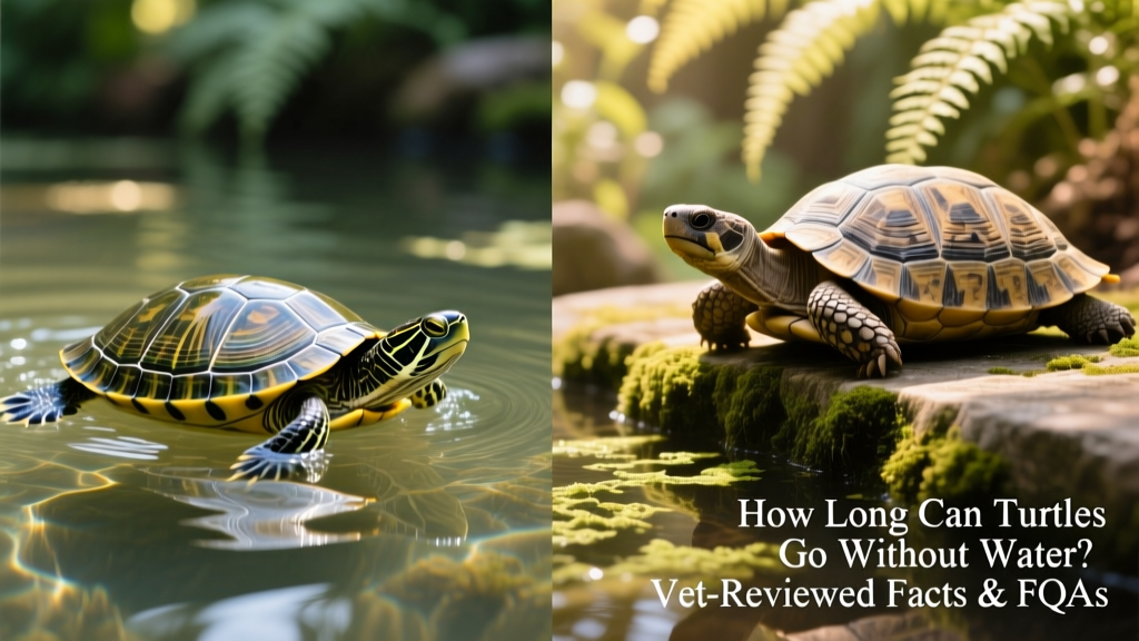 Side-by-side comparison of an aquatic turtle swimming in clear water and a terrestrial tortoise resting near a shallow water dish