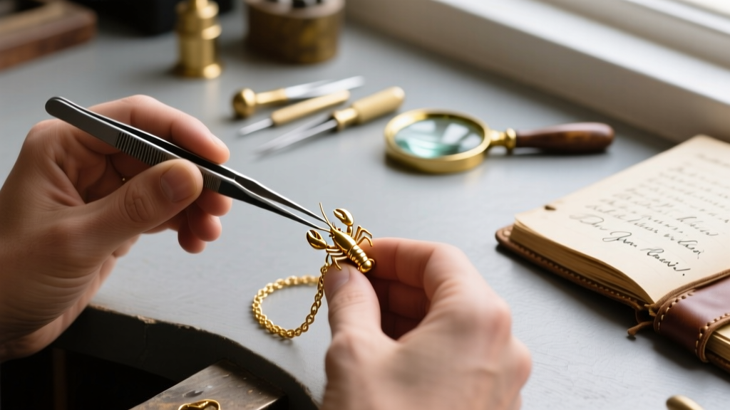 Jeweler's hands using tweezers to fix a lobster clasp on a gold chain, with Spanish repair notes visible on the workbench.