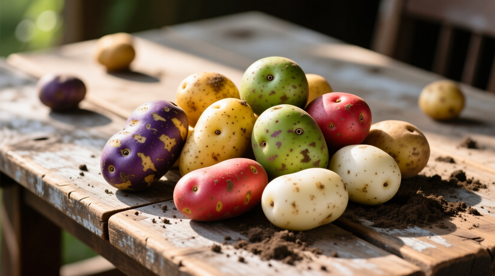 Colorful assortment of different potato varieties on wooden table