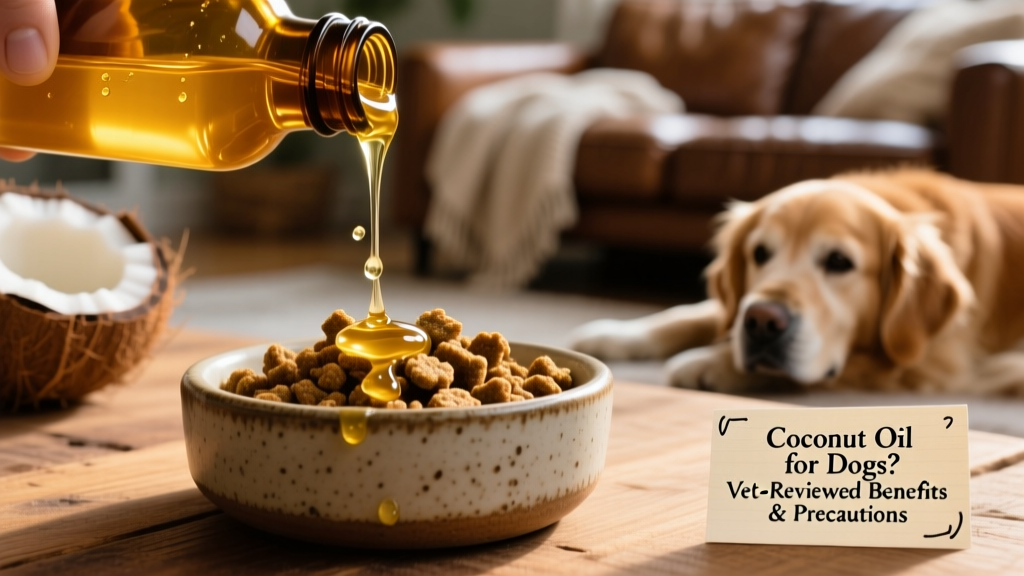 Close-up of golden coconut oil being drizzled over kibble in a ceramic dog bowl