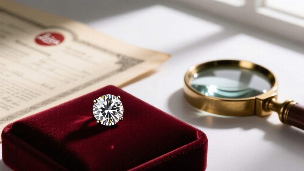 Close-up of a round diamond stud earring on velvet next to an insurance document and a jeweler's loupe in soft lighting.