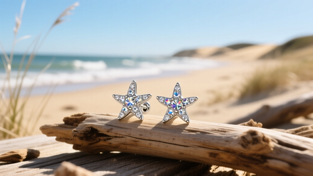 Sterling silver seastar stud earrings with pave zirconia resting on sunlit driftwood against a soft and bright coastal backdrop.