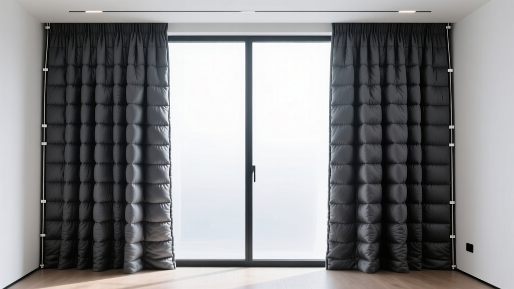Heavy triple-weave insulated curtain material in charcoal gray drawn tightly across a large window with magnetic side seals