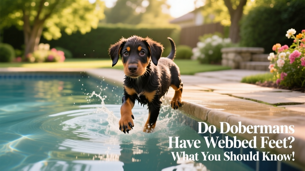 A Doberman puppy tentatively stepping into a calm backyard pool with a gentle splash