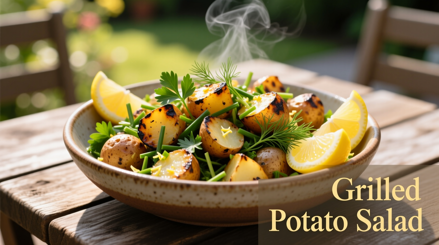 Grilled potato salad with fresh herbs and lemon wedges