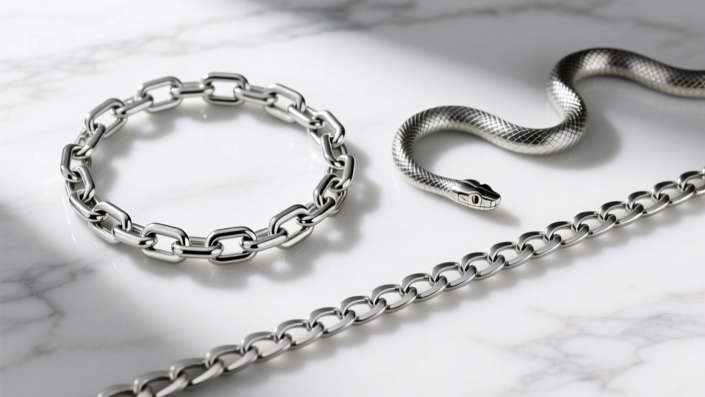 Top-down photo of three silver chain weaves on marble: a rigid box chain, a flexible snake chain, and a flat curb chain layout