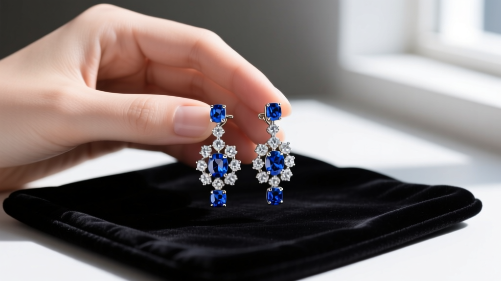 Macro photography of a hand holding diamond and sapphire multi stone earrings over a dark velvet jewelry cleaning mat