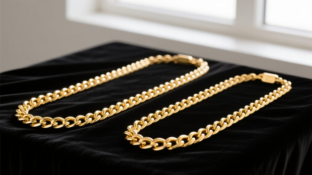 Comparison of a 30-inch gold-filled opera chain and a solid 14k gold chain, showing identical luster draped over black velvet