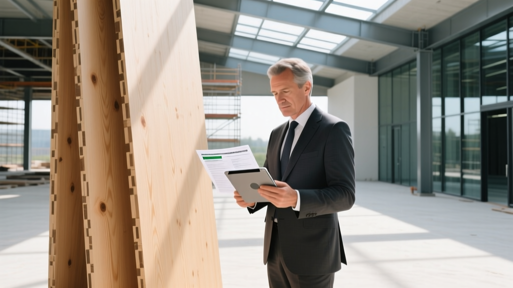Architect reviewing digital EPDs on a tablet while inspecting cross-laminated timber panels at a bright commercial site