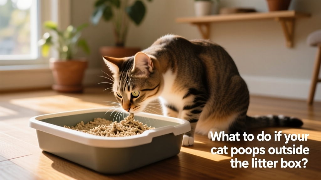 Close-up of a calm cat sniffing a clean, open litter box with natural-looking litter