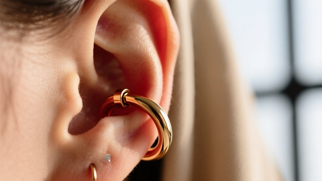 Close-up of a 16-gauge red gold huggie hoop clicking into a healed helix piercing, highlighting the seamless hinge mechanism.