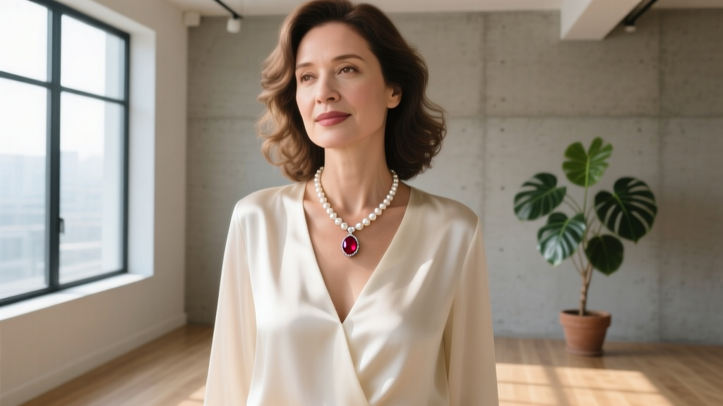 A woman in a cream silk V-neck blouse wearing a delicate 18-inch ruby and freshwater pearl Y-necklace, soft natural window light.