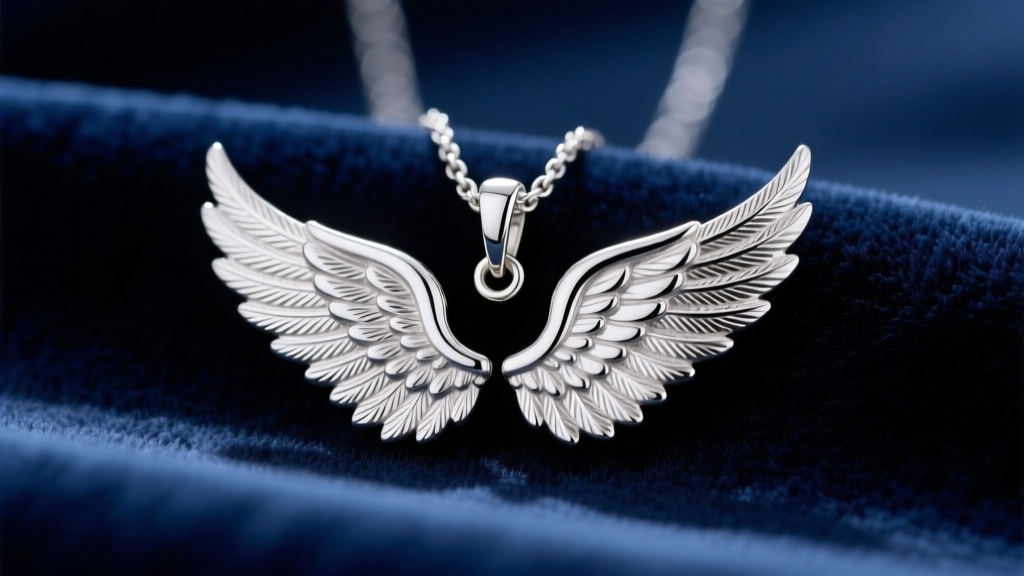 Close-up of a 925 sterling silver angel wing pendant on navy velvet, soft studio lighting highlighting intricate feather textures.
