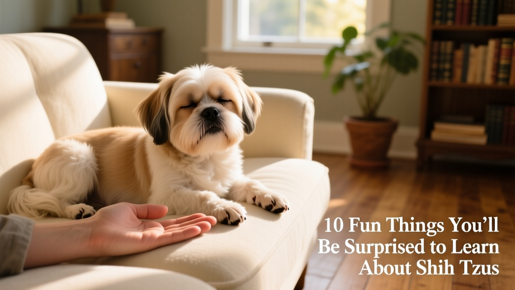 A Shih Tzu lying peacefully beside a person’s hand resting on a sofa, illustrating calm companionship