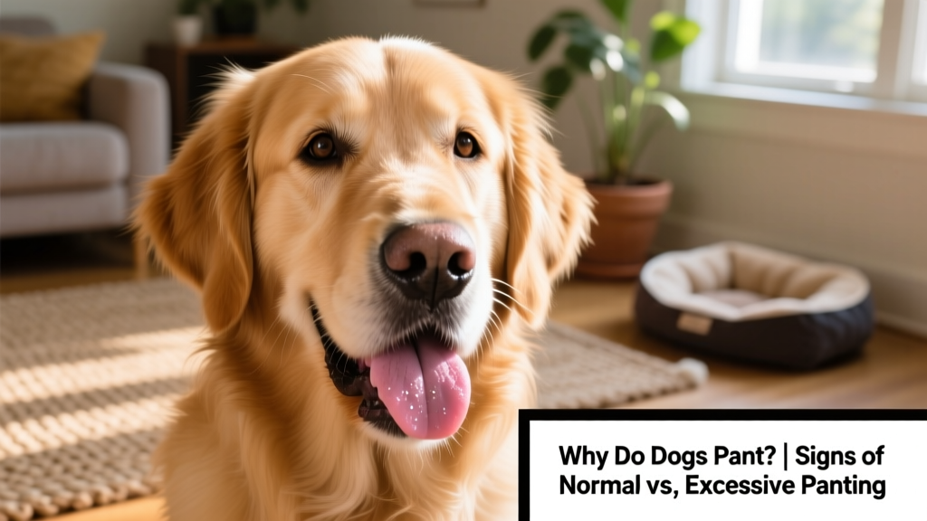 Close-up of a dog’s face showing open mouth, tongue slightly extended, and alert but calm expression—indicating normal, relaxed panting