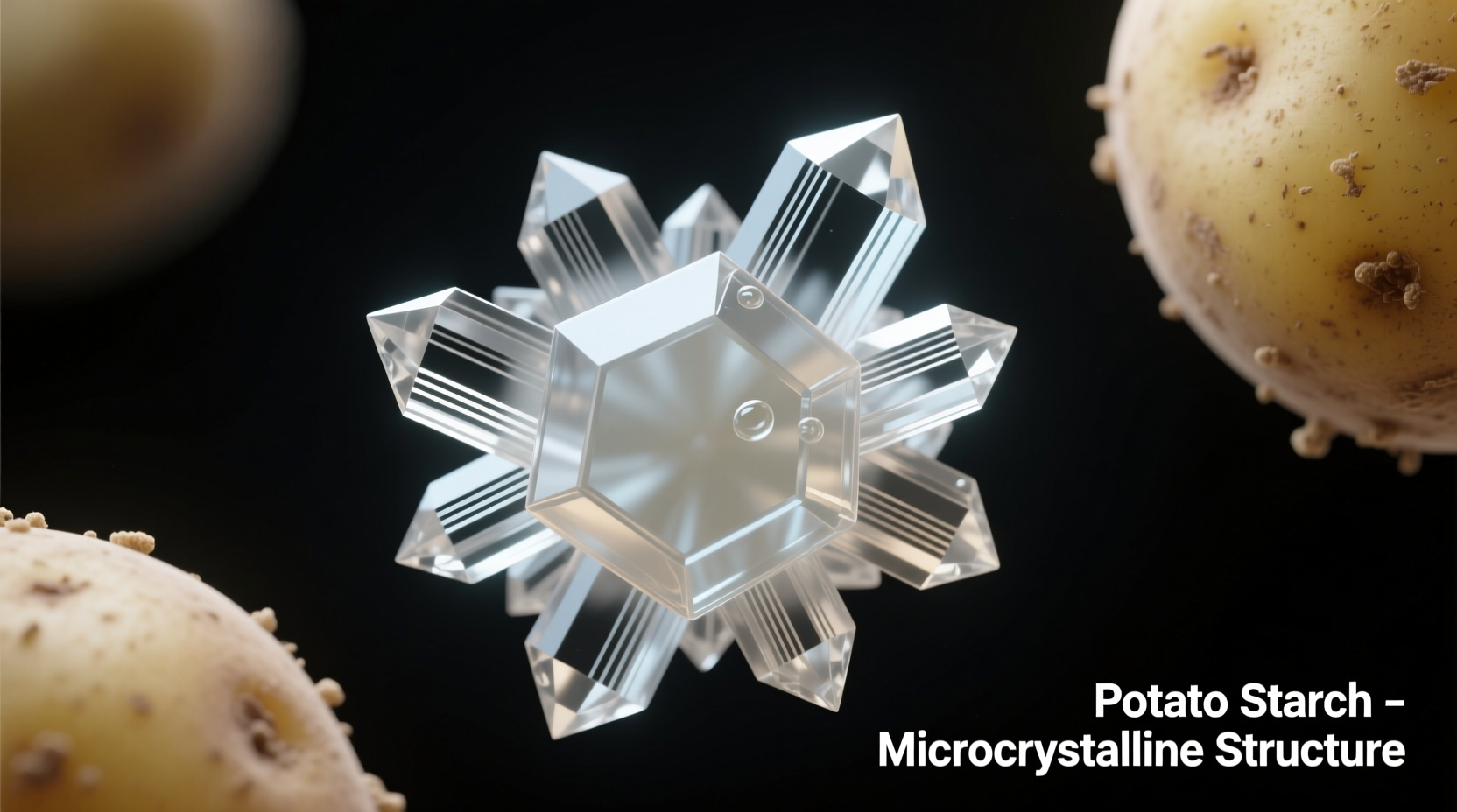 Close-up of raw potato starch crystals under microscope