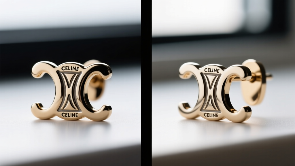 Side-by-side macro of authentic and fake Celine earring hallmarks, focusing on font kerning and depth of metal stamp engraving.