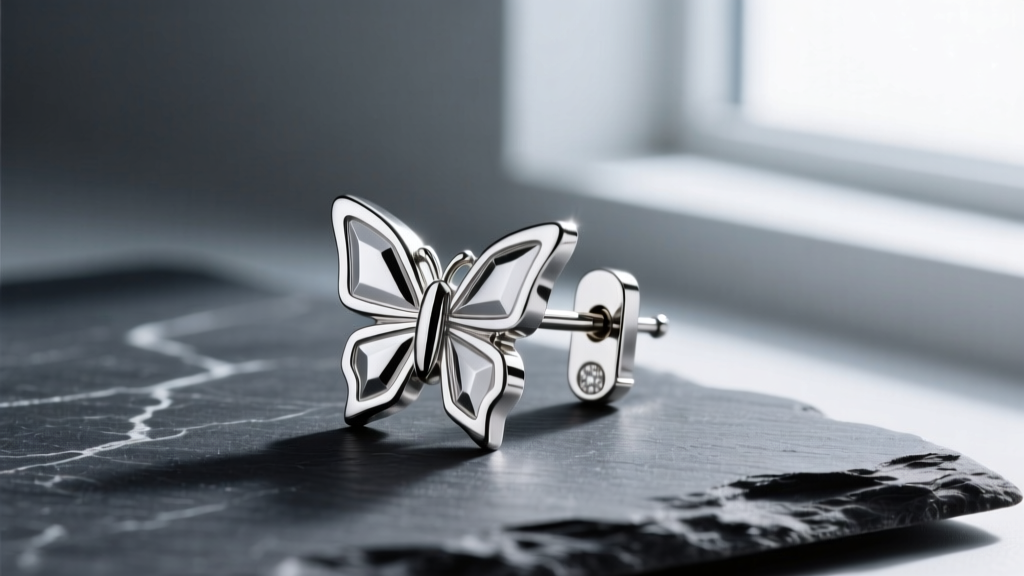Close-up of an implant-grade titanium butterfly back earring lock with a highly polished finish resting on a dark slate surface.