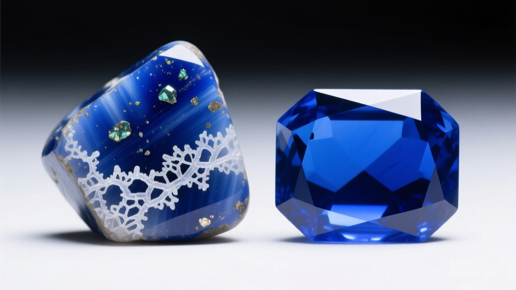 Macro photo comparing two lapis stones, one with white calcite veining and one pure royal blue, under bright studio lighting