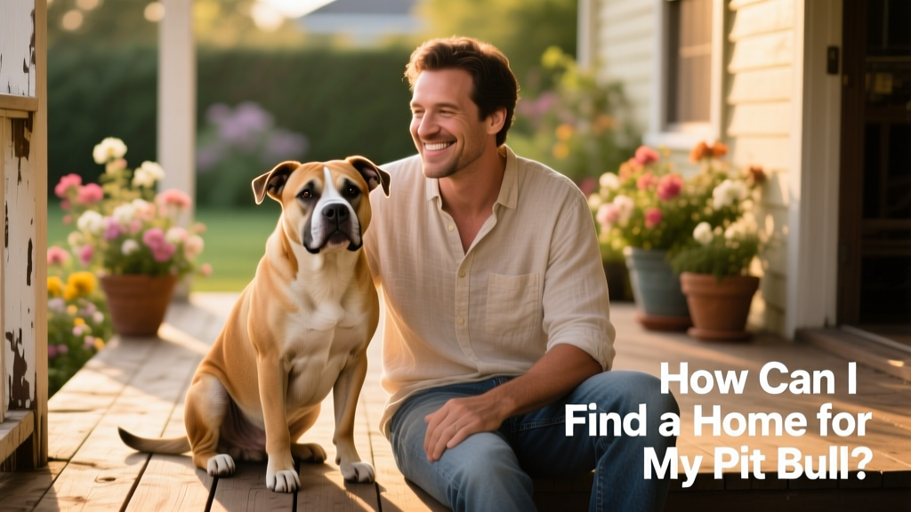 A calm, friendly pit bull sitting beside a smiling adult on a sunlit porch
