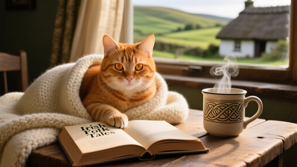 A friendly ginger cat curled on a wool blanket beside an open book titled 'Irish Folk Tales' and a steaming mug