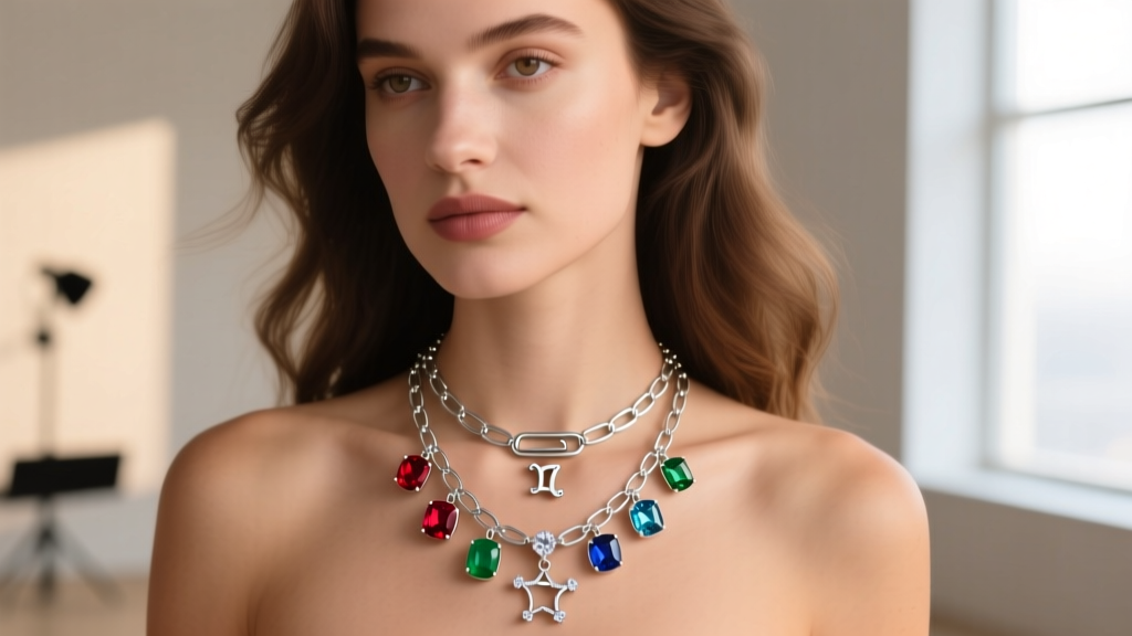 Model wearing a layered zodiac and birthstone birthday necklace set with a paperclip chain and tiny diamond constellation charm.