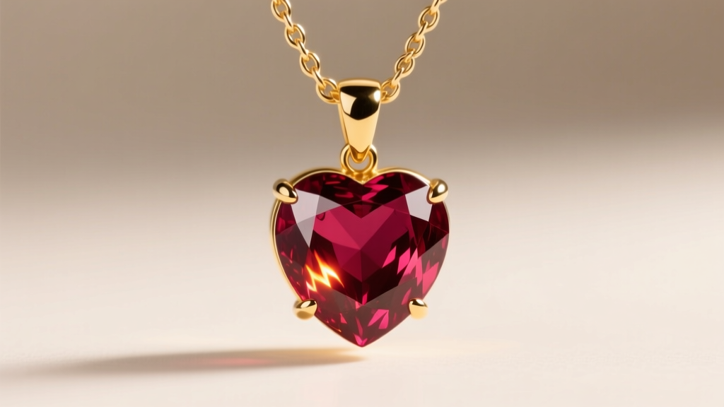 Macro shot of a 1.5-carat natural ruby heart pendant in 18k yellow gold with a delicate cable chain under bright studio lighting