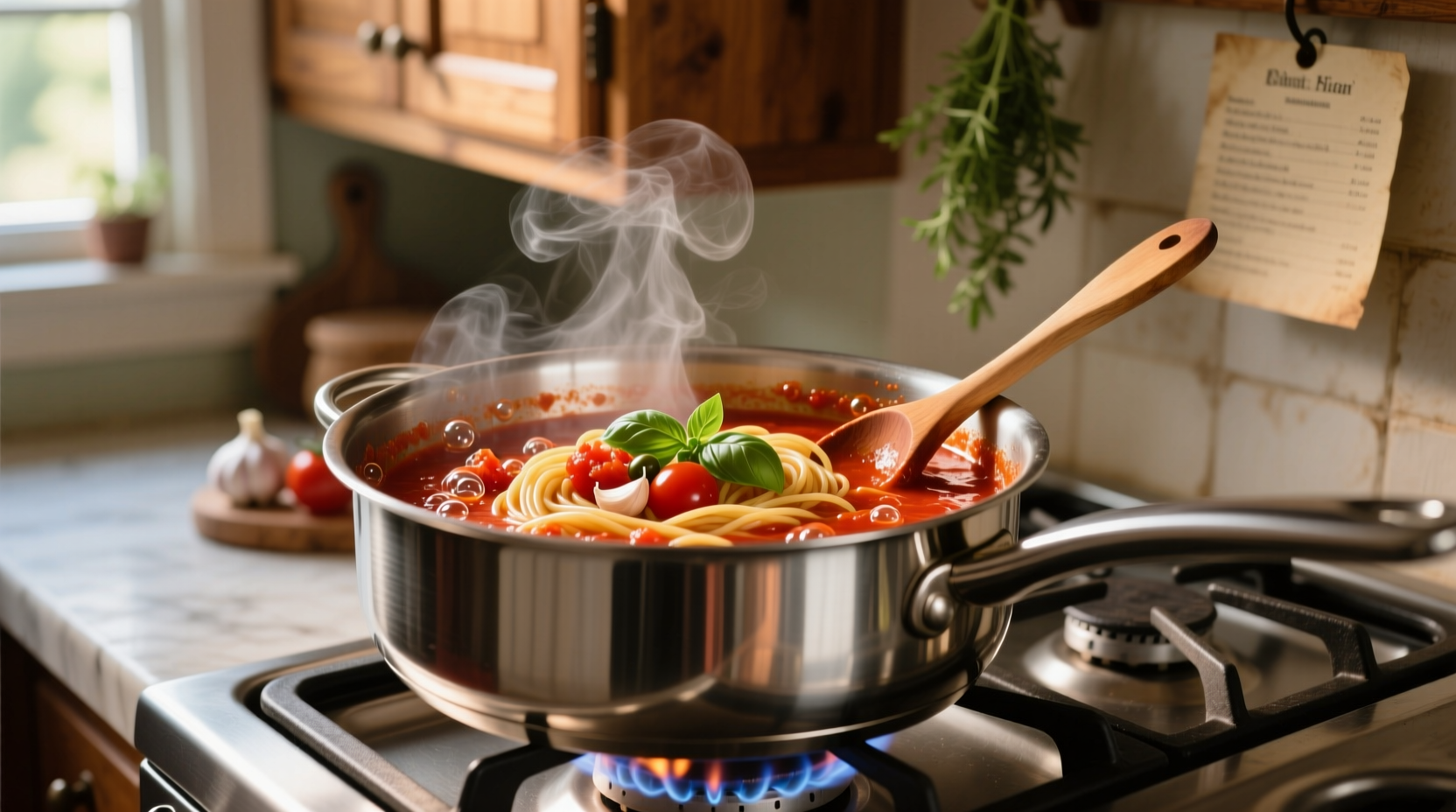 Fresh spaghetti sauce simmering in stainless steel pot