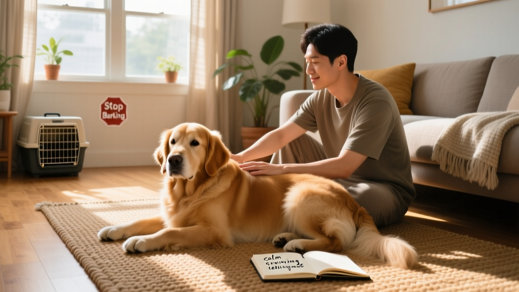 A calm dog sitting beside its owner on a sunlit living room floor