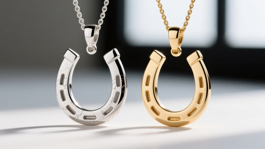 Close-up comparing 14k nickel and 18k palladium white gold horseshoe pendants showing subtle color and surface texture variations.