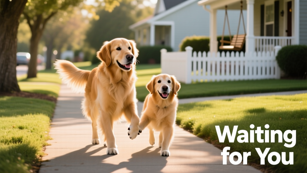 Frankie and Beau walking hand-in-paw down a sunny sidewalk, both smiling